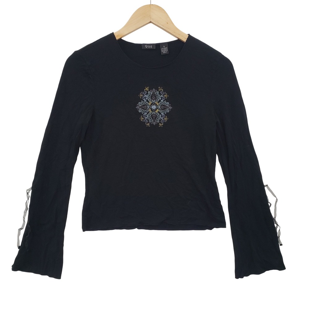 Y2K QUE Black Embellished‎ Long Sleeve Flare Sleeve Top Womens Size S Whimisgoth